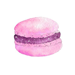 Watercolor berry macaroon isolated on white background. Hand drawn illustration on paper