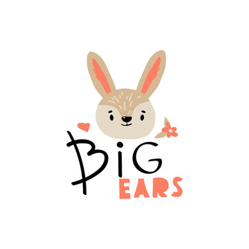 Hare Head with Big Ears Inscription Doodle Vector Illustration