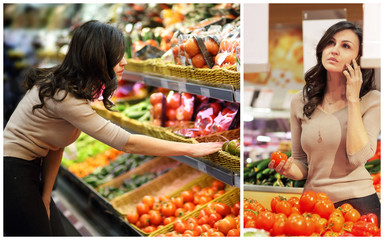 Collage with woman who chooses vegetables in supermarket. Concept of healthy food, bio, vegetarian, diet