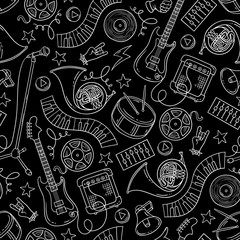 Vector seamless pattern on the theme of music. Background with isolated cartoon musical instruments and sound symbols on black color. Line art - 345698821