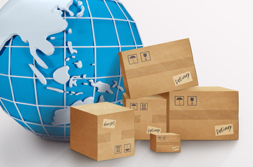 International logistics. Collage with globe and parcel boxes on white background. Panorama