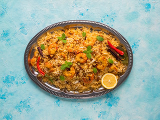 Indian Biryani with shrimp. Tasty and delicious prawns biryani, top view