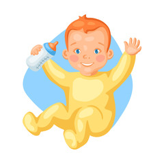 Illustration of cute little baby with bottle of milk.