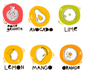 Doodle Fruits in Circle with Spots and Inscription Vector Set