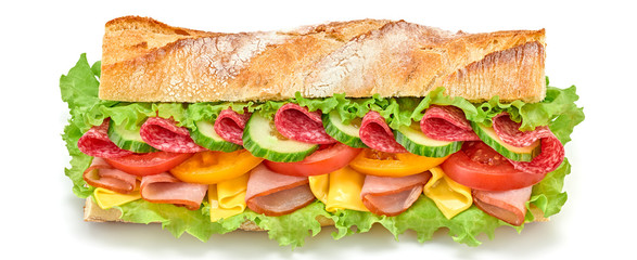 Submarine sandwich with ham, cheese, salami, tomato, lettuce salad, cucumber isolated on white....