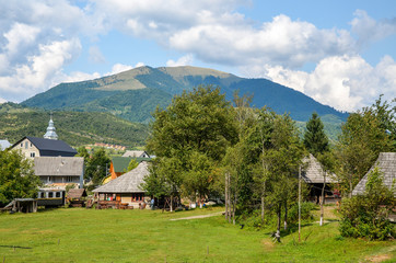 Fototapeta na wymiar A wooden houses on a green meadow near the fir forest and mountains in the background. Beautiful landscape of Carpathian village at summer