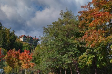 Isolated buildings near the shore of Lake Bled in Slovenia