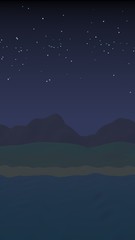 Fototapeta premium Starry moonless sky. Ocean shore line with waves on a beach. Island beach paradise with waves. Vacation, summer, relaxation. Seascape, seashore. Minimalist landscape, primitivism. 3D illustration