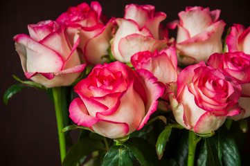 Lovely bouquet with big flowers of roses of bright pink and white color are staying on the table. Green leaves and thorns. Still life. Brown  background