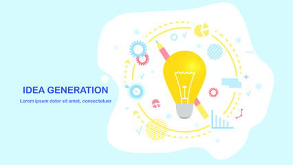 Vector creative idea color illustration. A light bulb around which thoughts and decisions revolve. The concept of brainstorming and ingenious solution. Flat style on blue background, Landing Page