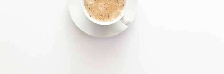 White empty desk with one coffee. Copy space. Isolated. Panorama