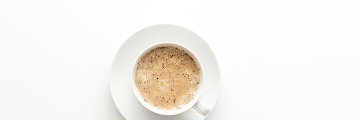 White empty desk with one coffee in the middle. Copy space. Isolated. Panorama