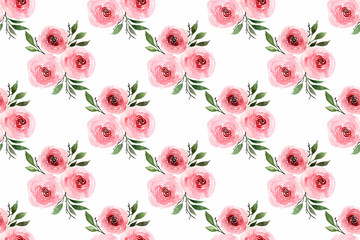 seamless pattern of a composition of pink roses drawn in watercolors on a white background