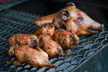Grilled chicken and pork, traditional food from meat in Ukraine.