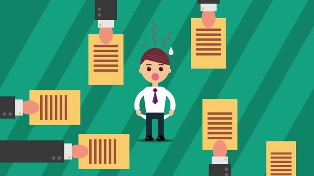 Broke person in panic shows empty pockets to lots of hands with bills because of unemployment and crisis. Concept of lack of money, accounts payable and debts. 2d cartoon animation
