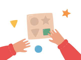 Children hands assemble a wooden sorter. Montessori game for early childhood development. Education logic toy for preschool kids. Vector illustration on white background