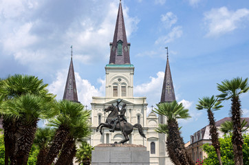 Historic cathedral and monument in jackson square