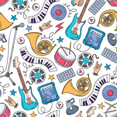 Vector seamless pattern on the theme of music. Colorful background with isolated cartoon musical instruments and sound symbols