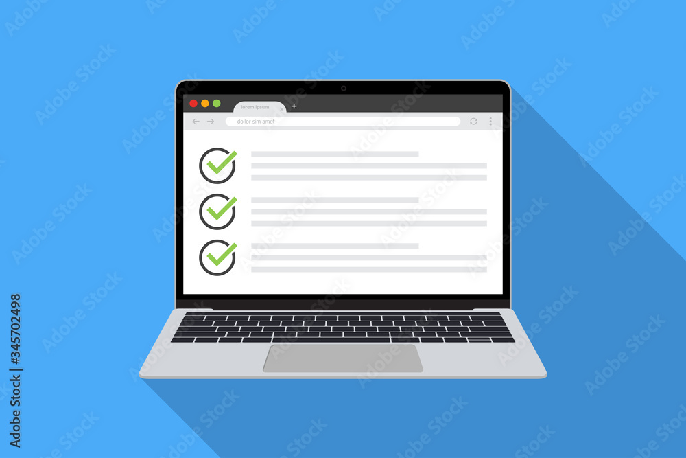 Poster laptop with checklist in browser page in a flat design with long shadow