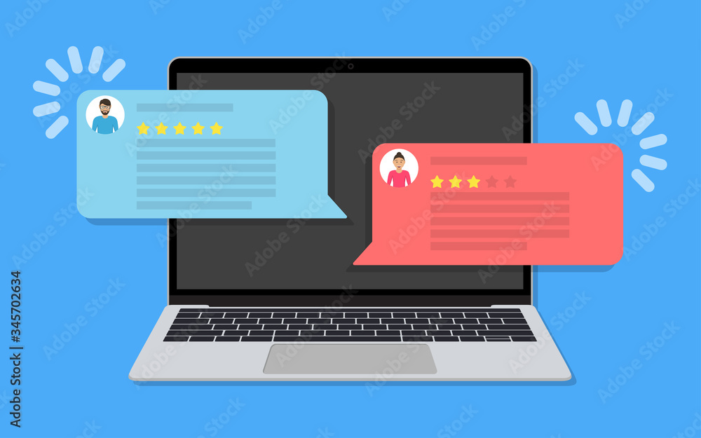 Poster laptop with chat messaging with customer review rating in a flat design