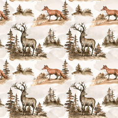 Watercolor seamless pattern with deer, fox, landscape. Wildlife nature elements, animals, trees for children's textile, wallpaper, covers