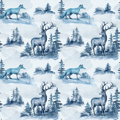 Watercolor seamless pattern with deer, fox, landscape. Witer wildlife nature elements, animals, trees for children's textile, wallpaper, covers