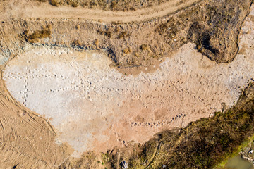 Dinosaur tracks of Comanche National Grassland.  La Junta, Colorado.  Aerial Drone Photo
