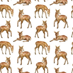 Watercolor seamless pattern with cute baby dappled deer. Wild little forest animals. Background in nature style for children textile, wallpaper, wrapping, covers.