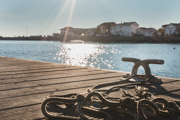Mooring hook and rope on a pontoon Cape Bay Agde