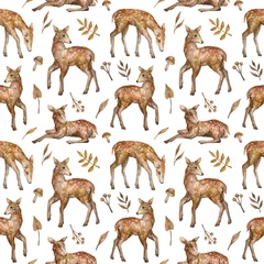 Printed roller blinds Little deer Watercolor seamless pattern with cute baby dappled deer. Wild little forest animals and plants. Background in nature style for children textile, wallpaper, wrapping, covers.
