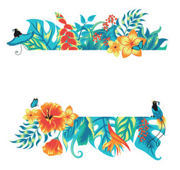 Summer tropical background banner with exotic paradise birds, palm leaves and hibiscus flowers. Vector floral background.