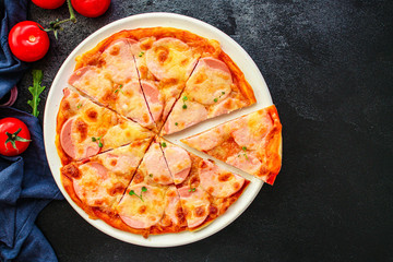 pizza sausage, tomato sauce, cheese Menu concept, food background, diet. top view. copy space for text