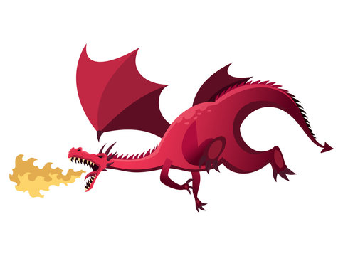 Medieval Kingdom Character. Isolated dragon who breathes fire on a white background. Vector personage