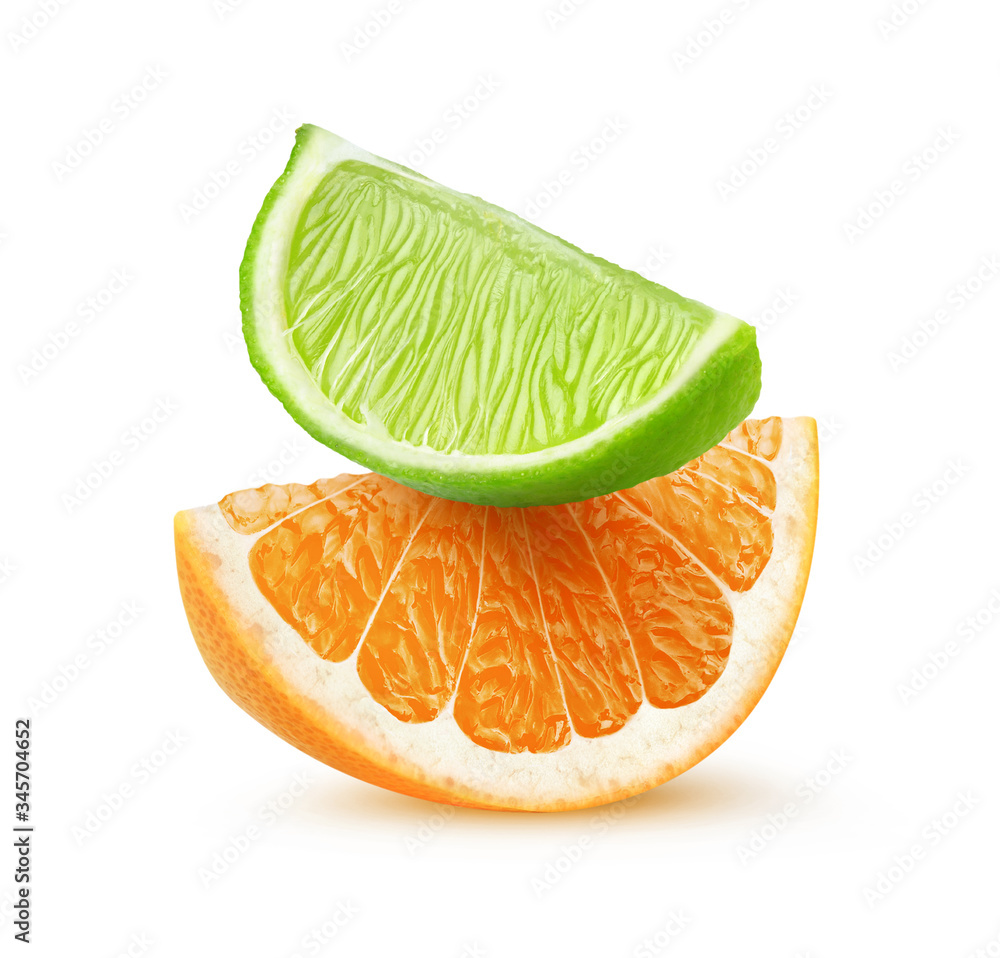 Poster Isolated citrus slices. Pieces of lime and orange fruit on top of each other isolated on white background