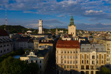 Aerial view on City Hall and Latin Cathedral in Lviv, Ukraine from drone