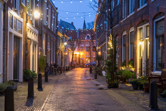 Night view of street in Haarlem, Netherlands