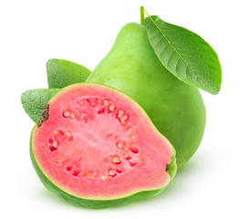 Isolated guava. One and a half pink fleshed guaba fruits isolated over white background