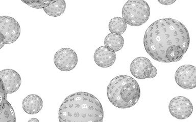 Bitcoin economic financial bubble. crypto currency 3D illustration. Business concept. Silver bubbles on white background. Bit, Coin, mining concept