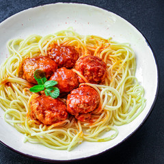 pasta spaghetti meatballs tomato sauce, main course Menu concept, food background, diet. top view. copy space for text