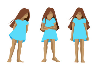 angry little girl in a blue dress offended. emotions