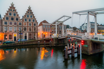 Fototapeta premium Night view of canal in Haarlem, Netherlands