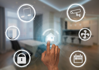Collage with male hand choosing among pictograms of smart home interface on transparent screen, double exposure