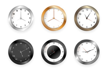 Vector wall watches with hour and minute arrows for business office on white background.