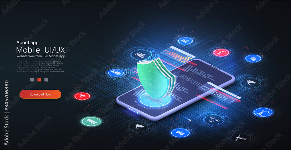 Poster data secure. web crime or virus attack. symbol of protection. network data security isometric vector