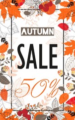 Autumn sale. Fall season sale and discounts banner. Colorful autumn leaves headline and sale invitation on white background. Vector illustration