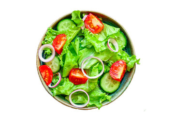 Healthy salad, leaves mix salad (mix micro greens, cucumber, tomato, onion, other ingredients). food background. copy space for text keto or paleo diet