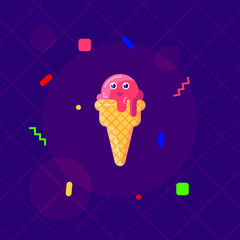 Cute ice cream in creative style on a purple background.