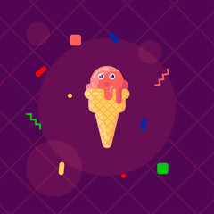 Cute ice cream in creative style on a purple background.