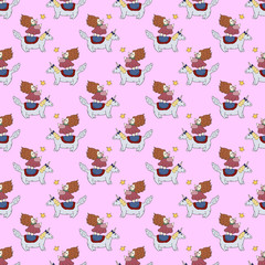 Seamless pattern cute little princess reaches for a shooting star, standing on back of unicorn. Magic and dream. Vector hand drawn illustration. Great design for kids room, wrapping, postcard, fabric.