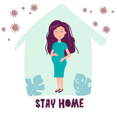 Vector illustration in flat style. pregnant girl, a woman at home. Coronavirus. Pregnancy under quarantine. maternity. risk to covid 19 and sensitive to pm2.5. Maternity background. stay home